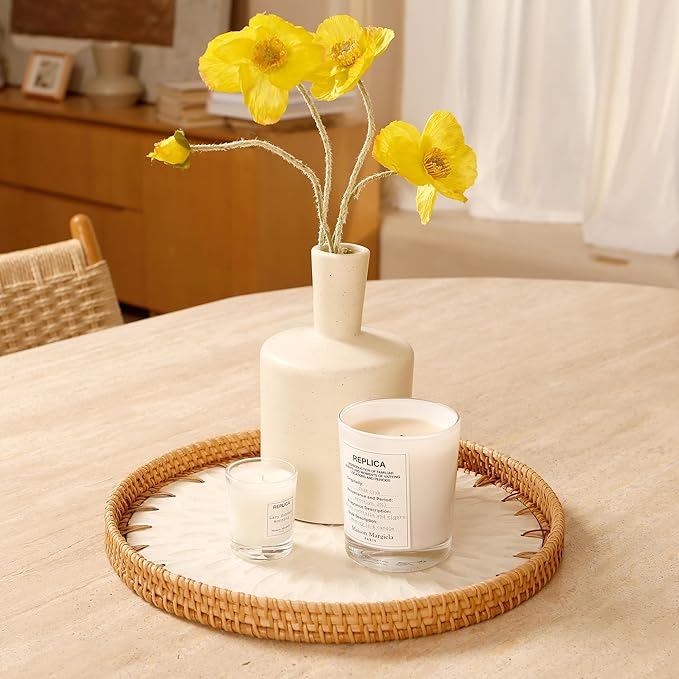 Round Rattan Tray with Mother of Pearl Inlay & Wooden Base - Decorative Wicker Serving Tray for Coffee/Bread/Fruits, Food Storage & Display - Multipurpose Home Decor (L,White Leaves)