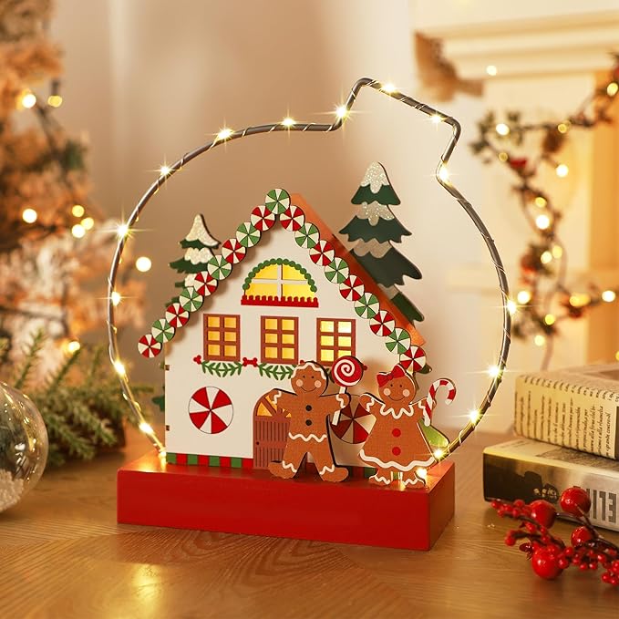 Christmas Tabletop Decoration, Wooden Lighted Gingerbread House Ornaments, Battery Operated Christmas Indoor Fireplace Home Table Decorations