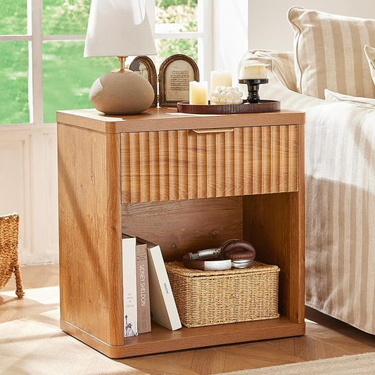 LEYAOYAO Fluted Nightstand with Charging Station, 23" Wide 1 Drawers End Table,Brown Night Stand with Open Storage Cabinet, Farmhouse Bed Side Tables, Wood Dresser for Bedroom, Living Room, Closet