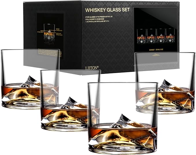LIITON Mount Everest Heavy Crystal Whiskey Glasses Gift Set of 4, Thick Freezable Bourbon Glass 1lb Each, Premium Whiskey Gifts for Men, Frozen Crystal Chills Cocktails, 10 oz