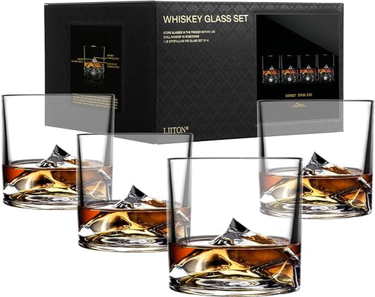 LIITON Mount Everest Heavy Crystal Whiskey Glasses Gift Set of 4, Thick Freezable Bourbon Glass 1lb Each, Premium Whiskey Gifts for Men, Frozen Crystal Chills Cocktails, 10 oz