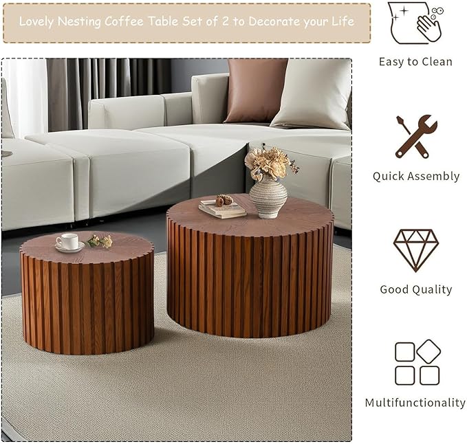 Modern Round Nesting Coffee Table Set of 2, Vertical Stripe Design Drum Coffee Table Cocktail Table, Round Side Table for Living Room, Bedroom, Office, Balcony (J19.7+27.6")