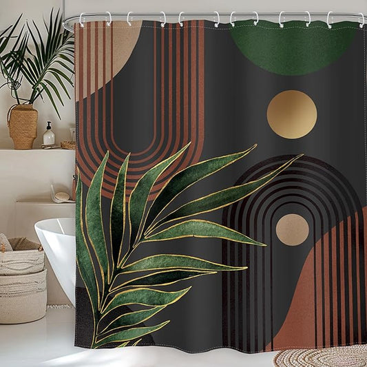 Glawry Dark Green Brown Boho Shower Curtain Abstract Mid Century Retro Tropical Leaves Modern Geometric Bathroom Minimalist Arch Sun 60Wx72L Inches Bath Accessories Art Home Decor Fabric 12 Pack Hooks