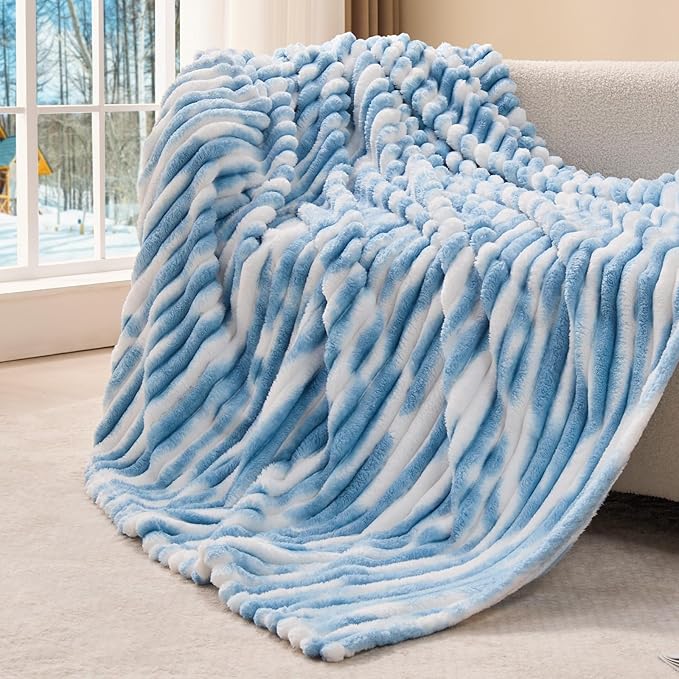 BEDELITE Twin Blanket for Couch & Bed, 300GSM Soft & Warm Fleece Blanket, Decorative and Giftable Striped Tie-dye Blue Blankets for Women, Men, 60"x80"