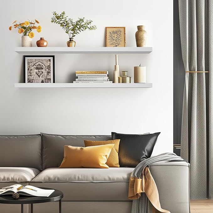 BAYKA Floating Shelves, 48 inch Wall Mounted Rustic Wood Shelves for Bathroom, Bedroom, Living Room, Kitchen, Office, Hanging Shelf for Books/Storage/Decor(White,Set of 2)