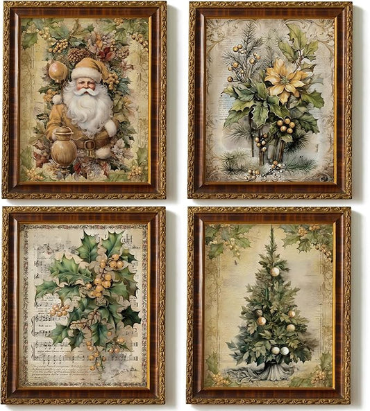 JXREQ Vintage Christmas Pictures Wall Decor Prints,Purple Christmas Wall Art Decorations for Home Kitchen Bedroom Bathroom Living Room Office,Santa Claus Xmas Tree Decor Prints Set of 4,8x10 Unframed