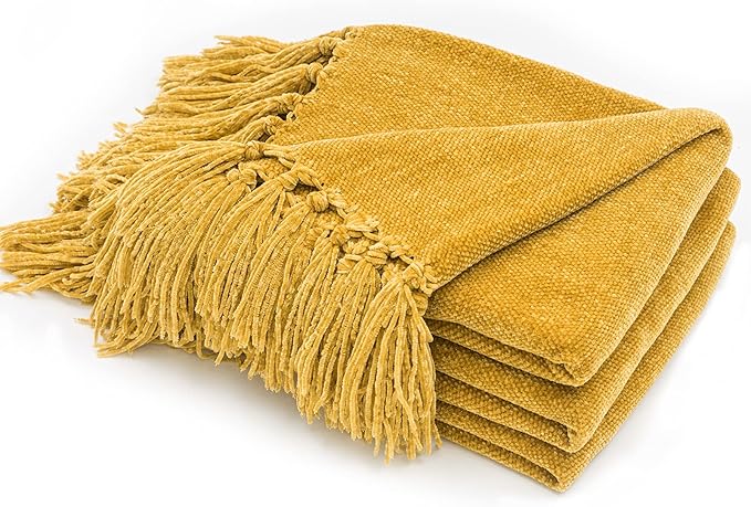 RECYCO Throw Blanket Soft Cozy Chenille Throw Blanket with Fringe Tassel for Couch Sofa Chair Bed Living Room Gift (Mustard Yellow, 60'' x 80'')