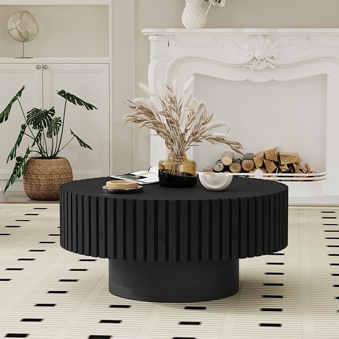 Modern Wood Round Coffee Table - Handcraft Drum Coffee Tables with Sturdy Base, Easy Assembly, Contemporary Style Small Coffee Table Tea Table for Living Room, Bedroom, Office (Black Round)