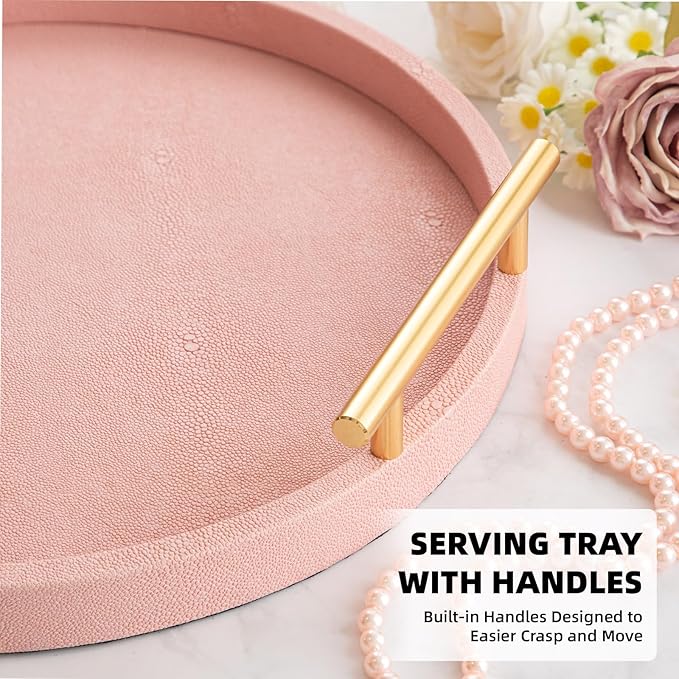 Modern Decorative Tray, Set of 2 Round Shagreen Serving Tray with Gold Polished Metal Handles, Coffee Table Ottoman Trays Perfume Trays Living Room Bathroom Home Decor (Pink)