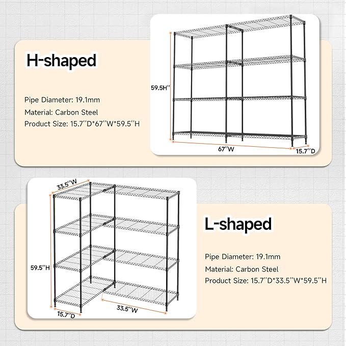 4 Tiers Storage Shelves Load 1200LBS, Metal Shelving Wire Metal Shelving Unit Shelves for Storage Adjustable Garage Shelving for Pantry Kitchen Garage Black 15.8" D x 33.5" W x 59.5" H