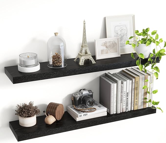 36 Inch Floating Shelves, 8 Inch Deep Floating Shelves for Wall, Hanging Shelf with Invisible Brackets, Deep Shelves for Bathroom, Bedroom, Living Room, Black, Set of 2