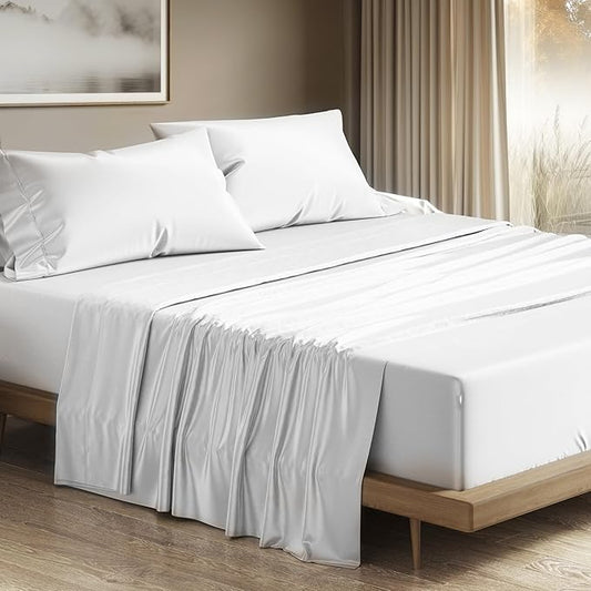 THREAD SPREAD 100% Egyptian Cotton Queen Sheets Set - 1200 Thread Count Luxury Egyptian Cotton Sheets Queen Size Deep Pocket (4 PC, Bright White), Soft, Cooling, Sateen Weave