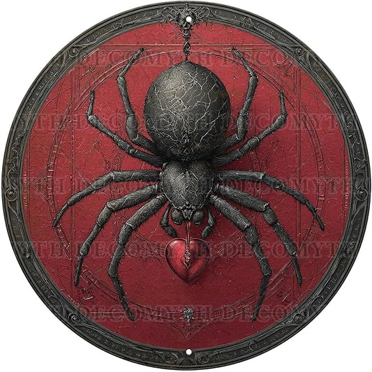 Antique Spider Halloween Tin Plaque - Gothic Round Metal Wall Art for Halloween Night Decor 12 * 12inch