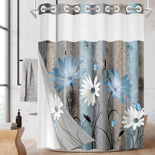 No Hook Rustic Farmhouse Shower Curtain with Snap in Fabric Liner Set, Blue Daisy Flowers and Butterfly on Wooden Double Layers Waterproof with See Through Top Bath Curtain 71x86 Inch