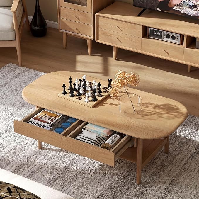 100% Solid Wood Coffee Table for Living Room, 2-Tier Living Room Table with 2 Drawers and Shelf Storage, Mid Century Modern Coffee Table for Home (Oak Natural Wood, 47.24'' W)