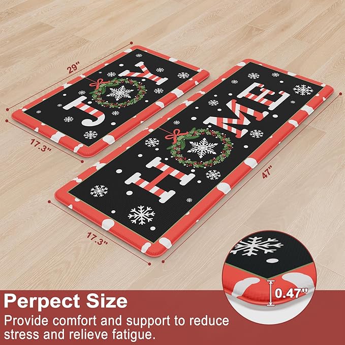 Christmas Joy Winter Snowflake Kitchen Floor Mat, Cushioned Anti Fatigue Kitchen Rug Waterproof Kitchen Rug Sets of 2, Non Slip Comfort Foam Standing Mat for Office Sink Laundry 17x30+17x47inch