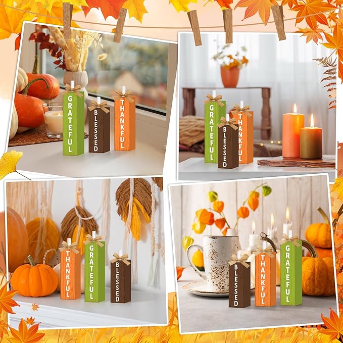 3 Pcs Fall Decorations for Home Wooden Thanksgiving Tiered Tray Decor, Thankful Fall Table Decor Vintage Farmhouse Autumn Harvest Tabletop Centerpieces Table Sign Kitchen Indoor Mantel