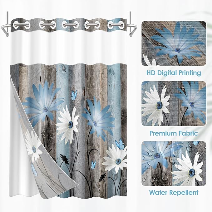 No Hook Rustic Farmhouse Shower Curtain with Snap in Fabric Liner Set, Blue Daisy Flowers and Butterfly on Wooden Double Layers Waterproof with See Through Top Bath Curtain 71x86 Inch