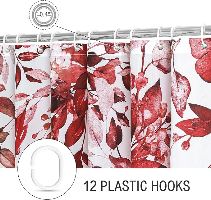 Gibelle Long Shower Curtain 72 x 78, Tall Burgundy Red Floral Shower Curtain for Bathroom, Watercolor Plant Eucalyptus Leaves Fabric Shower Curtain Set with Hooks