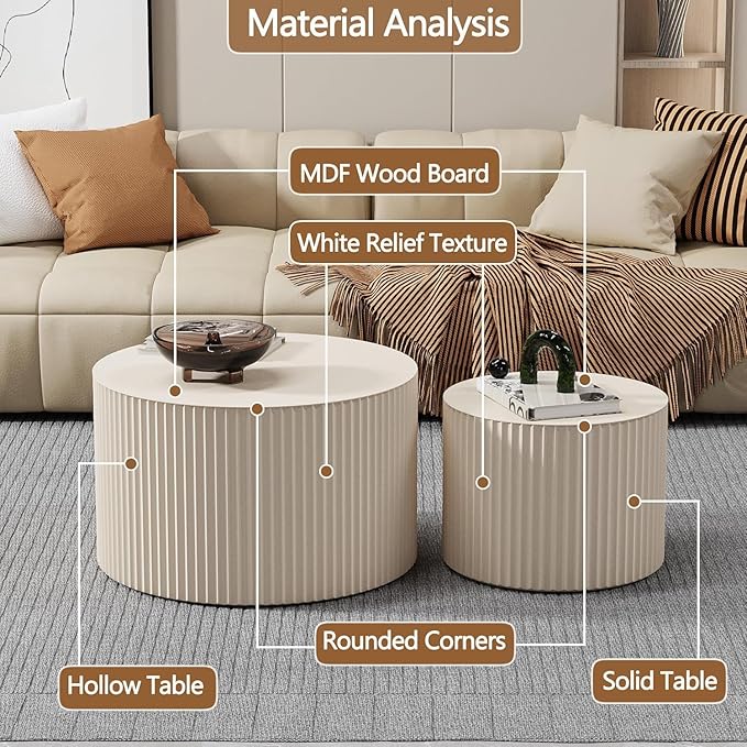 Nesting Coffee Tables Set of 2 Wooden Round Coffee Table Circle Nesting Table Space-Saving Design Modern Coffee Table Round Accent Tables Set for Living Room Bedroom Office (White B D18.9+D15)