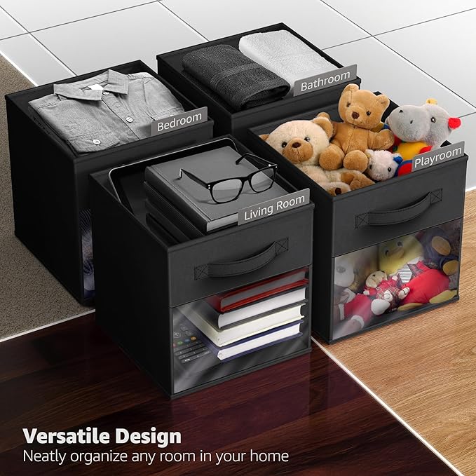 Sorbus 13 Inch Storage Bins with Clear Window - 6 Foldable Baskets for Organizing Clothes, Toys, Books - Sturdy Collapsible Fabric Storage Cubes with Handle - Storage Baskets for Shelves, Closets