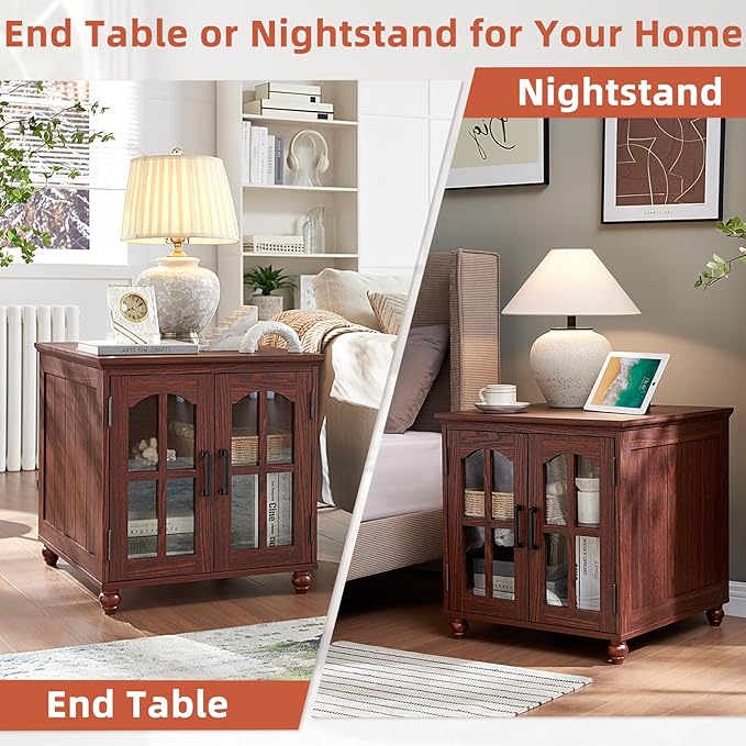 Farmhouse End Table with Charging Station,24" Large Sofa Side Table with Glass Barn Door,Rustic Wood Night Stand with Adjustable Storage Shelf,Square Bedside Table for Living Room,Bedroom Office