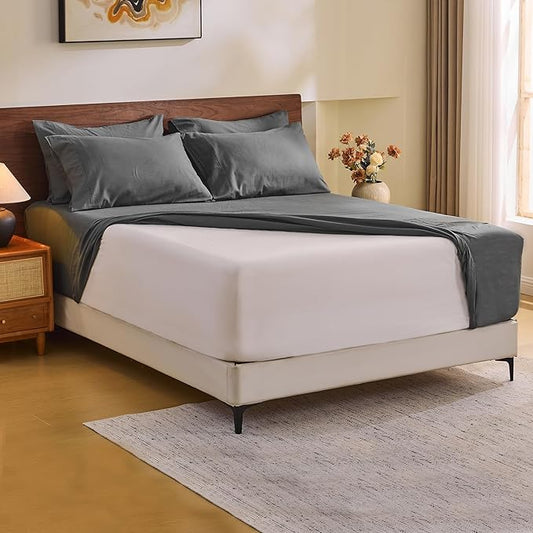 MEISHANG 100% French Pure Linen Sheets California King Size - Extra Deep Pocket Sheet Set, Soft Durable Flax Linen, Anti-Tear Breathable & Oeko-Tex Certified 18-24 Deep Pocket,All Season(Dark Grey)