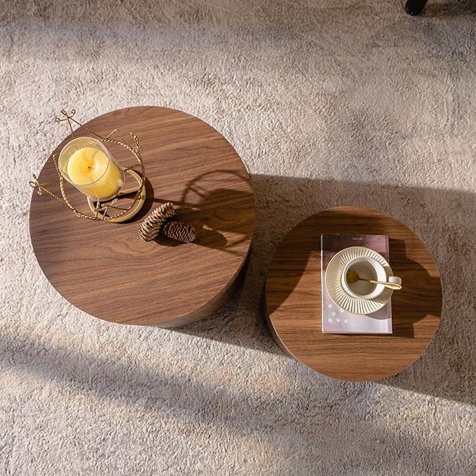 Nesting Coffee Table Set of 2, Wood Round Coffee Table, Modern Coffee Table for Small Space Living Room, Walnut