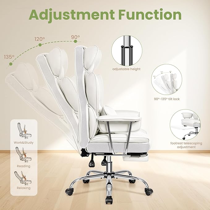 Office Desk Chair 400LBS, Big and Tall Office Chairs with Footrest, Leather Computer Gaming Chairs with Adjustable Height, Executive Office Chairs with Lumbar Support, White