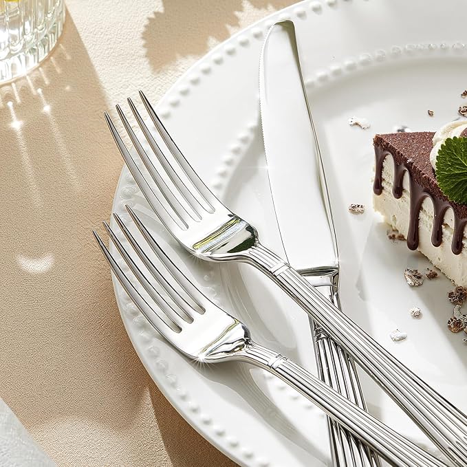 KINGSTONE 40-Piece Silverware Set, 18/10 Stainless Steel Flatware Set - Luxury Elegant Striped Cutlery with Dishwasher Safe, Durable for Family Dining, Catering, Weddings, Anniversaries Gift