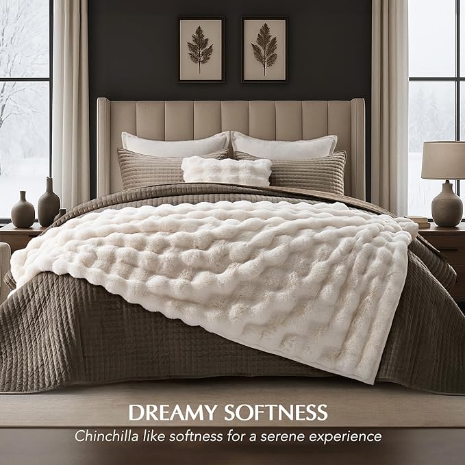 EverGrace Ultra Soft Luxury Fluffy Faux Rabbit Fur Throw Blanket, Thick Warm Bubble Throw for Bed, Cozy Plush Reversible Blankets for Couch, Chair, Sofa, Ivory White, 60x80 Inches