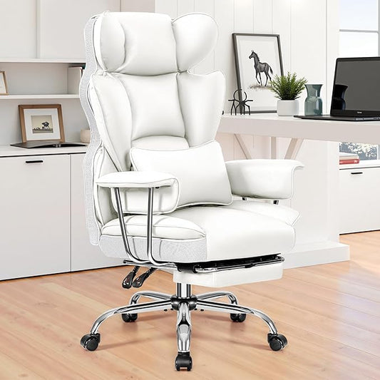 Office Desk Chair 400LBS, Big and Tall Office Chairs with Footrest, Leather Computer Gaming Chairs with Adjustable Height, Executive Office Chairs with Lumbar Support, White