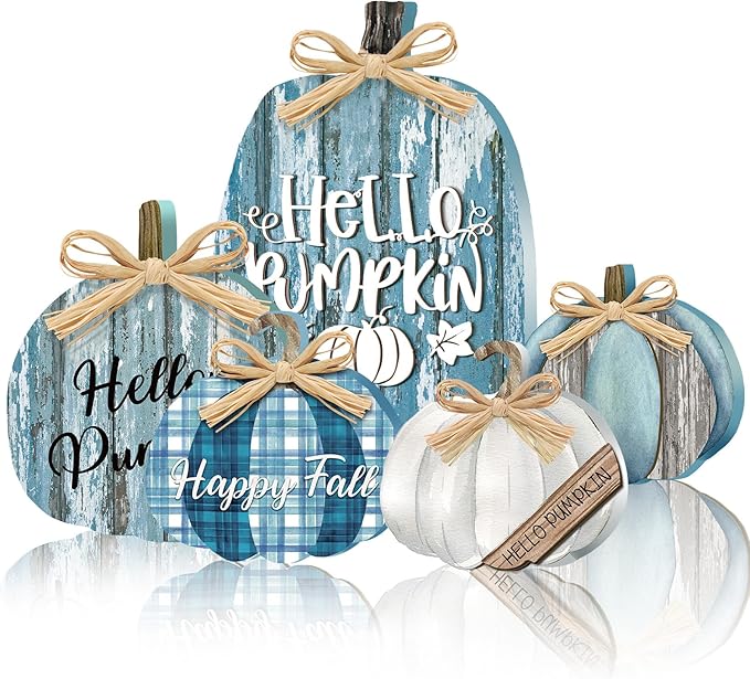 5 Pcs Fall Blue Pumpkin Decor for Home Thanksgiving Wooden Table Centerpiece Decorations Fall Wooden Pumpkin Signs for Autumn Farmhouse Home Living Room Kitchen Mantle Tabletop Supplies