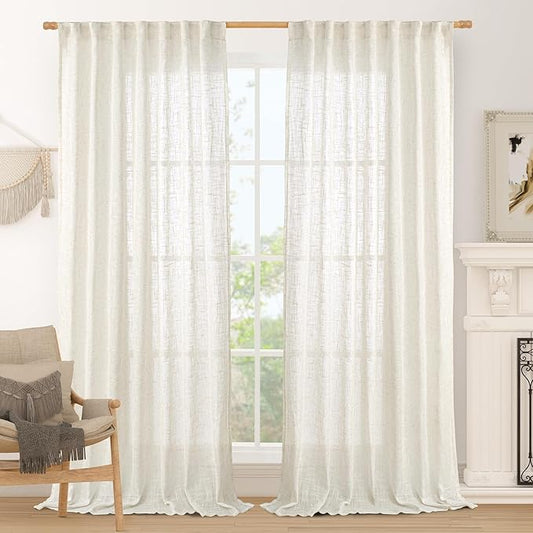 LAMIT Extra Wide Linen Curtains for Bedroom, Cream Light Filtering Faux Linen Textured Panels Semi Sheer Back Tab and Rod Pocket Boho Drapes for Living Room, 2 Panels, 60 x 84 Inch