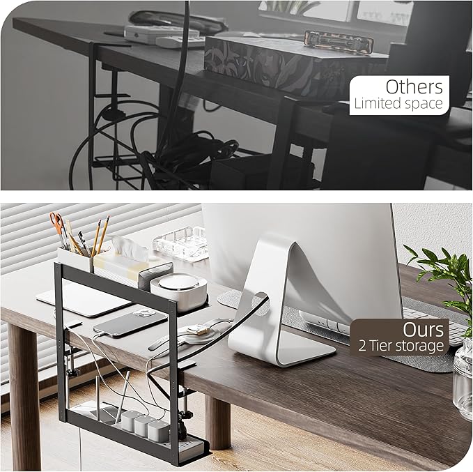 Delamu Under Desk Cable Management Double Tray, Metal Mesh Cord Organizer with U Clamp Mount, Adjustable Hole Cable Tray with Wire Management, Cable Raceway for Home Office Standing Desk