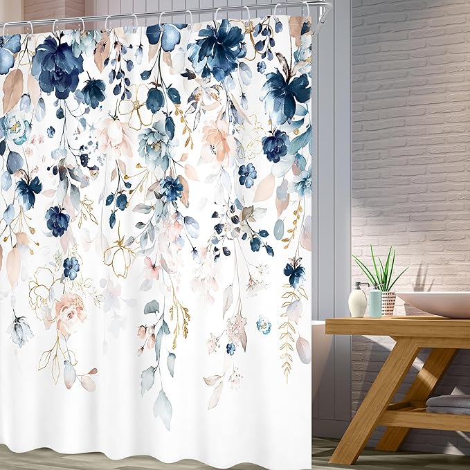Blue Pink Floral Shower Curtain 72Wx96H Inch Extra Long Flower Watercolor Wildflower Spring Rustic Eucalyptus Leaf Bathroom Set Girl Plant Botanical Bath Curtain Bathtub Accessories Home Decor