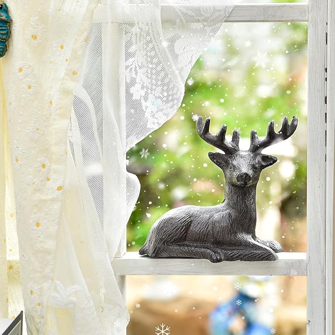 Sungmor Cast Iron Deer Statue, Christmas Reindeer Figurine, Rustic Brown Heavy Lying Elk Vintage Home Decor Sculpture, Indoor Outdoor Shelf Tabletop Holiday Decorations