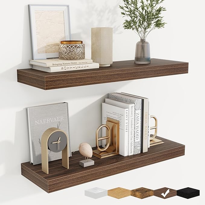 fuqing Floating Shelves for Wall, Bathroom Shelf Wall Mounted for Storage, Shelves with Invisible Bracket for Bedroom, Kitchen, Living Room, Farmhouse Small Book Shelf, 24 Inch Set of 2, Walnut