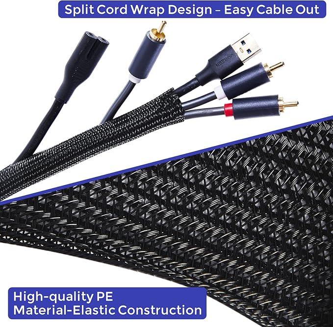 Cable Management Sleeves 1.5in - 2 Pack 4.1ft Split Braided Cable Sleeve Black, Wire Organizers for Cords, Hard PE Cord Protectors from Pets, Flexible Cord Wrap Wire Sleeve for Computer Cord Organizer
