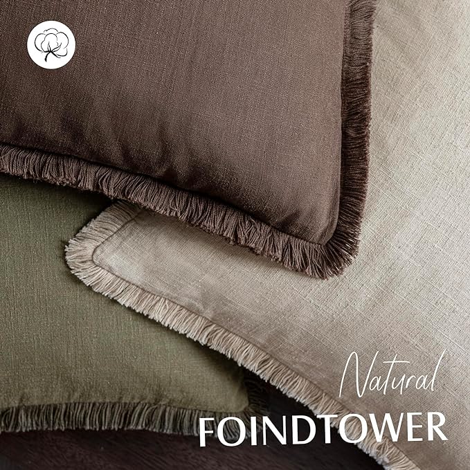 Foindtower Set of 2 Decorative Linen Fringe Throw Pillow Covers Boho Farmhouse Cushion Cover with Tassels Soft Accent Pillowcase for Couch Sofa Bed Living Room Home Decor,16×16 Inch,Reddish Brown
