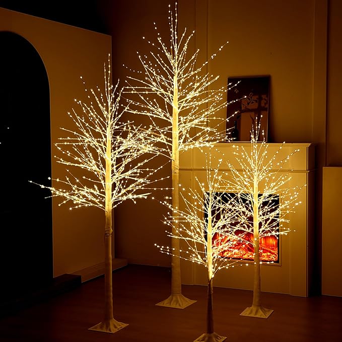 Baquler 4 Pack Lighted Birch Tree - Artificial LED Warm-White Light Birch Tree Decoration for Christmas Holiday Party Wedding Festival Decor, Indoor & Outdoor (4 5 6 8 ft)