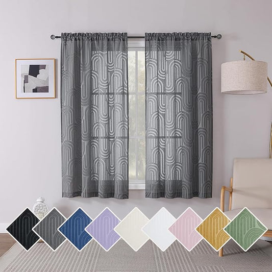 Simplebrand Charcoal Grey Sheer Curtains 63 Inch Length 2 Panels, Light Filtering Semi Sheer Curtains for Bedroom, Geometric Jacquard Clip Textured Window Semi Sheer Curtains, 42Wx63L Inches