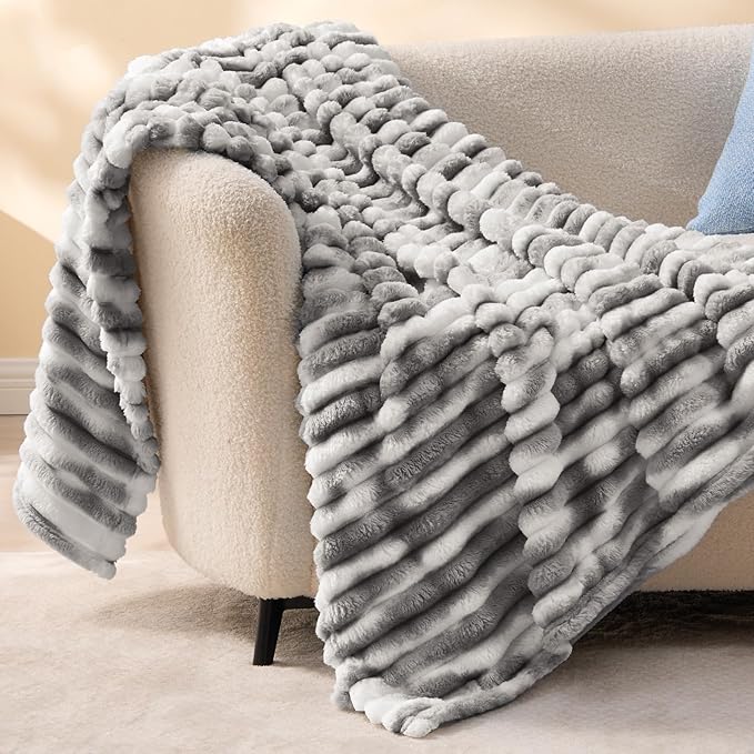 BEDELITE Fleece Throw Blanket for Couch - 300GSM Soft & Warm Fluffy Tie-dye Grey Blanket, Decorative and Giftable Striped Blankets for Women, Men, 50"x60"