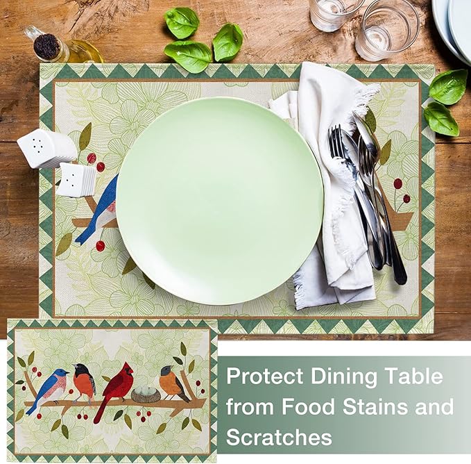 Seliem Spring Birds Tree Branches Placemats Set of 4, Cardinal Bluebird Bullfinch Dining Table Place Mats, Summer Seasonal Farmhouse Kitchen Decor Home Decoration 12 x 18 Inch
