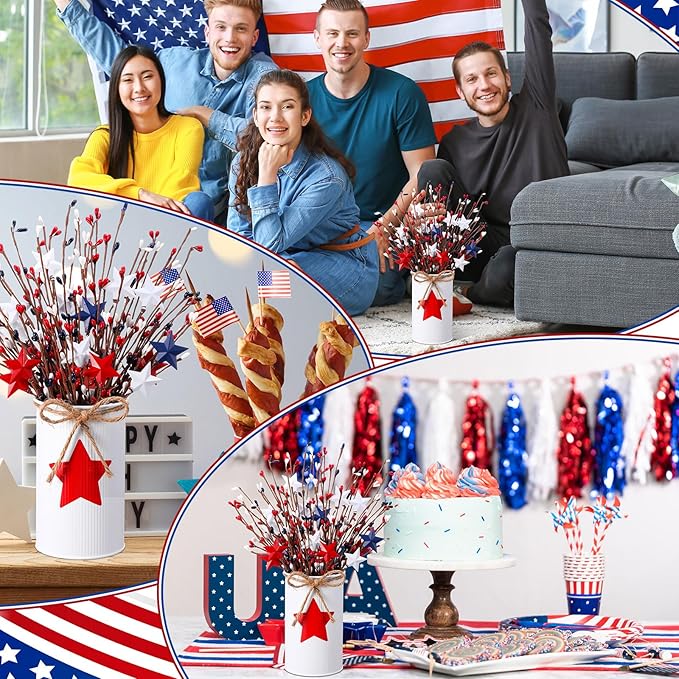 4th of July Table Centerpiece Decoration Patriotic Artificial Flower Stems Star Shaped Berry Picks with Metal Vase Pot for Independence Day Memorial Day Office Home(White and Red)