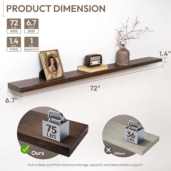 Marsmiles 72 inch Floating Shelves for Wall Solid Elm Wood Wall Mounted Shelves|Rustic Long Floating Shelves with Invisible Bracket for Bathroom Living Room Kitchen|Walnut, 1 Pack