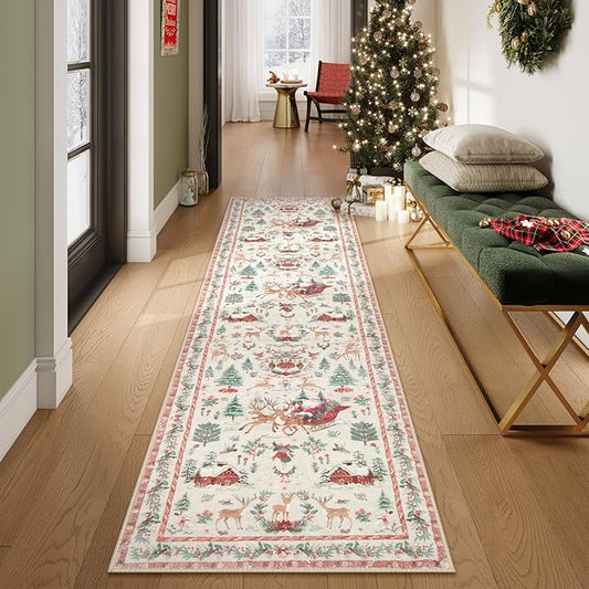 Lahome Christmas Beige Hallway Runner, Kitchen Non Skid Washable, Soft Christmas Tree Santa Claus Bathroom Carpet for Entryway Bedside Holiday Decor (2'x10')