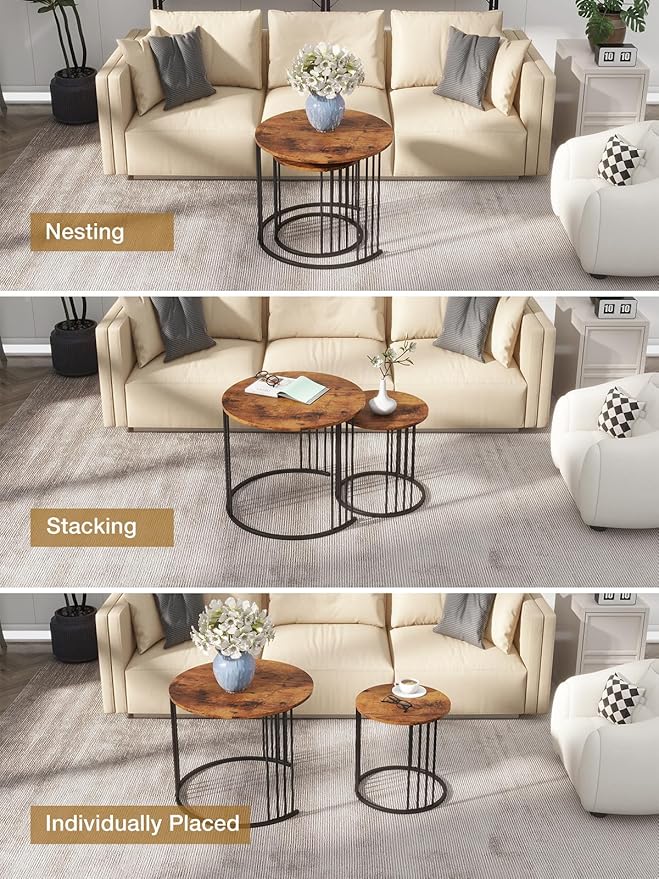 YORKING Nesting Coffee Table Set of 2, Round Table, Modern End Side Table Night Stand for Bedroom Dining Room (Brown)