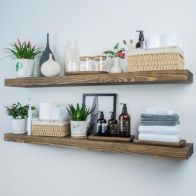 Wood Floating Shelves,48 inch Rustic Wood Wall Shelves for Bathroom Living Room Bedroom Kitchen Farmhouse Laundry Room Set of 2,Handmade-Thickened Wall Shelf (Black Walnut, 48''x8''x1.5'')