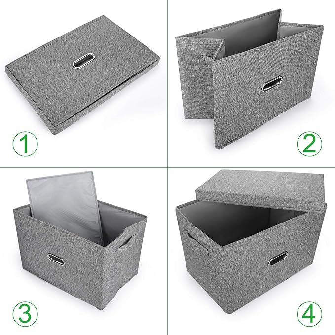Large Linen Fabric Foldable Storage Bins with Removable Lid and Handles, Washable Storage Box Organizer Containers Baskets Cube with Cover for Bedroom,Office(Black, XXL(2-Pack))